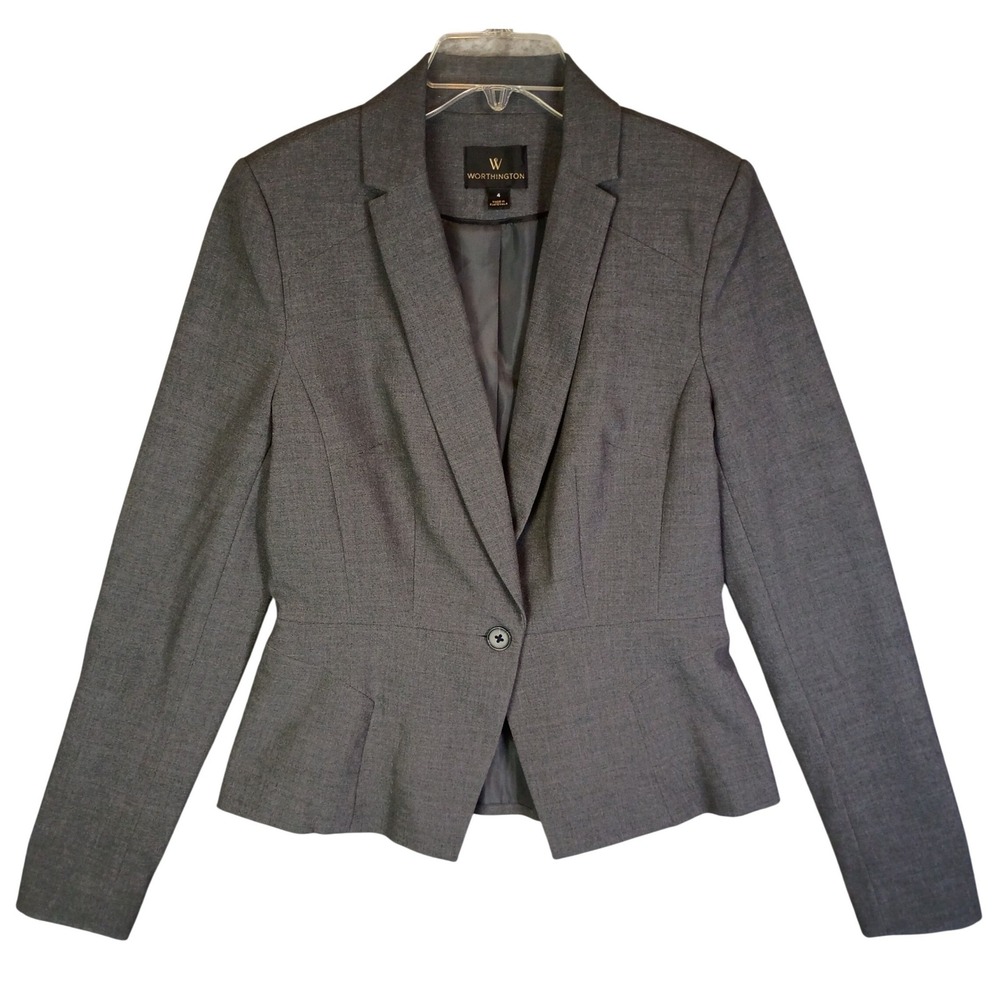 Worthington Womens 4 Gray Single Button Peplum Stretch Blazer Business EUC